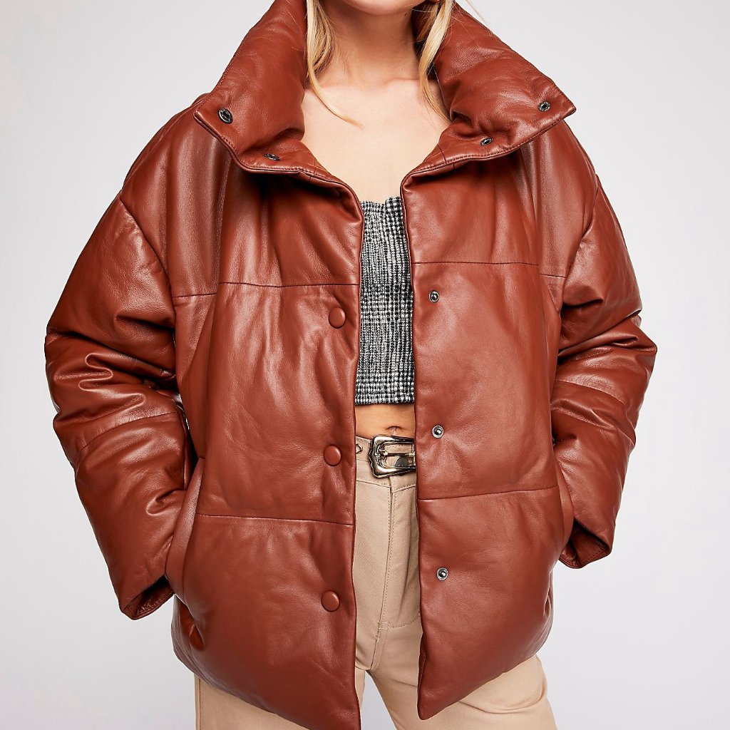 Free People Real Leather Coat Oversized Puffer M